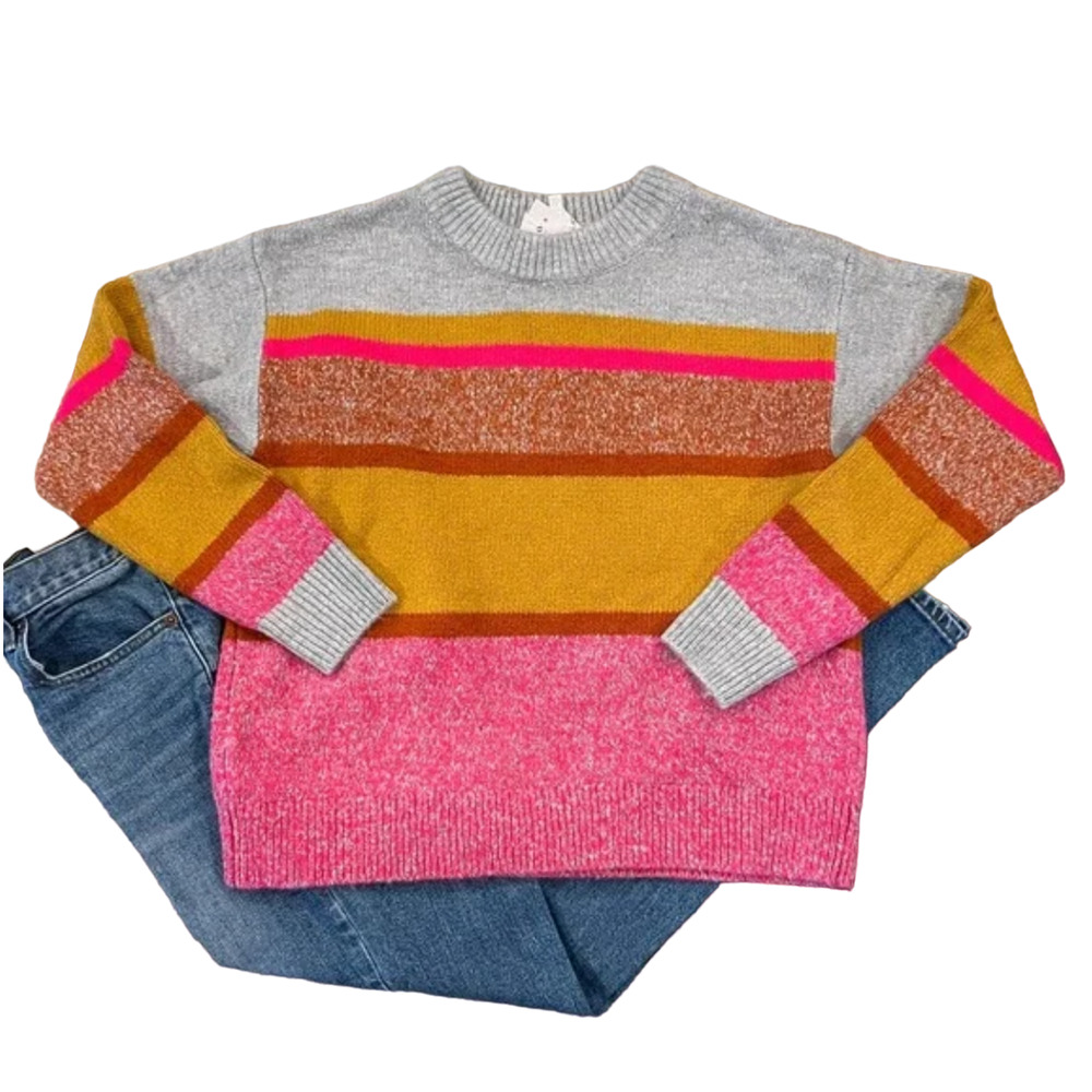 **NWT LOFT Lou & Grey Pink/Gold/Grey Multi Striped Crewneck Sweater